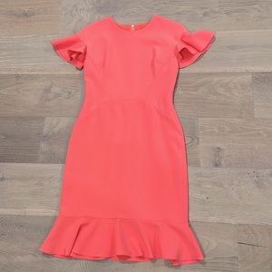 Maggy London size 2 peach/coral fitted flare lined dress 100%poly